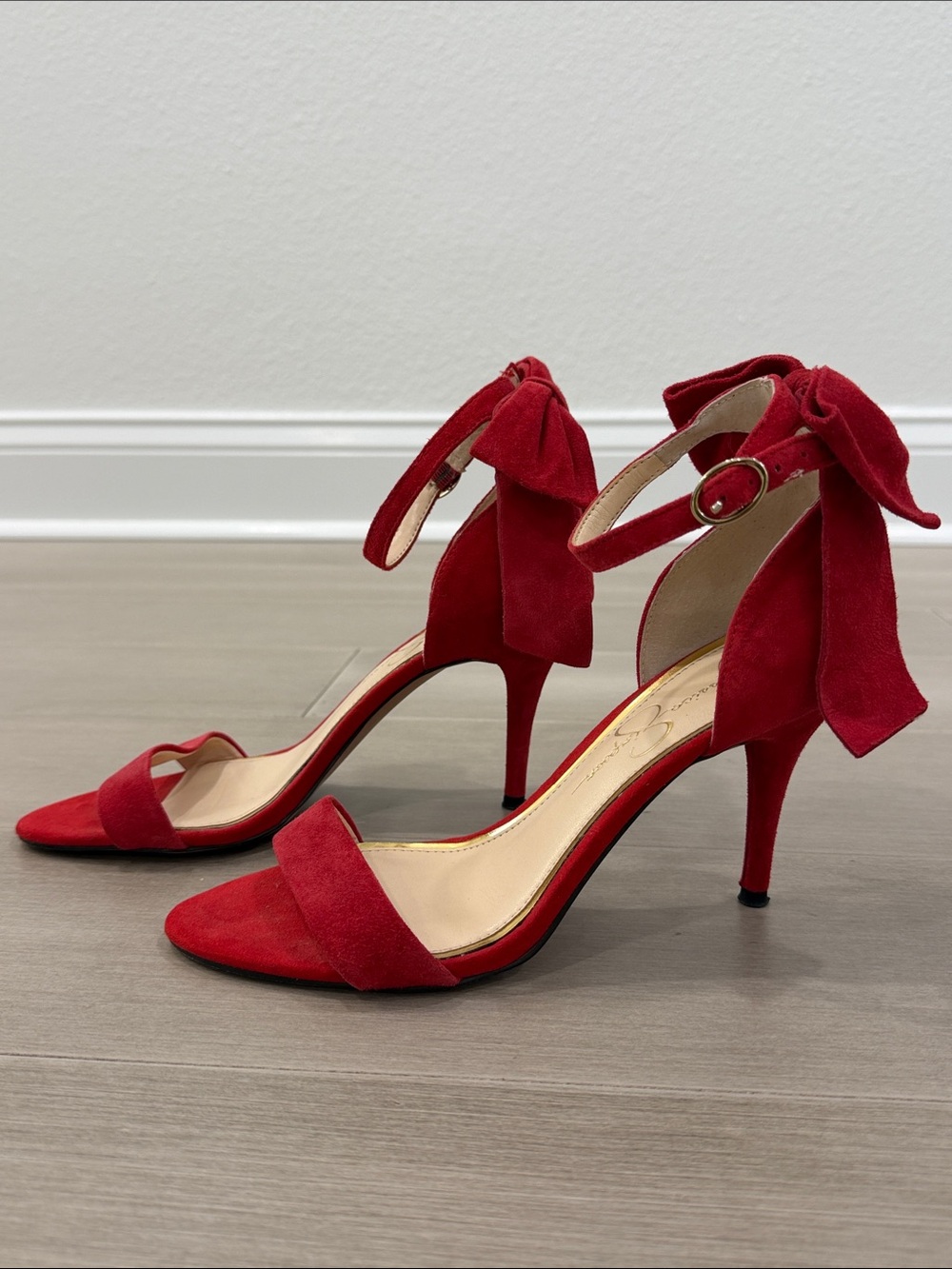 Jessica Simpson Red Suede Ankle-Tie Stiletto 3 inch Heels with Bow Detail - 7.5